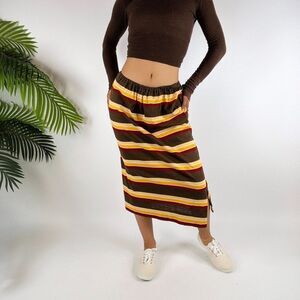Vintage Y2K Brown Striped Low Rise Beachy Boho Retro Midi Skirt / Size: Small